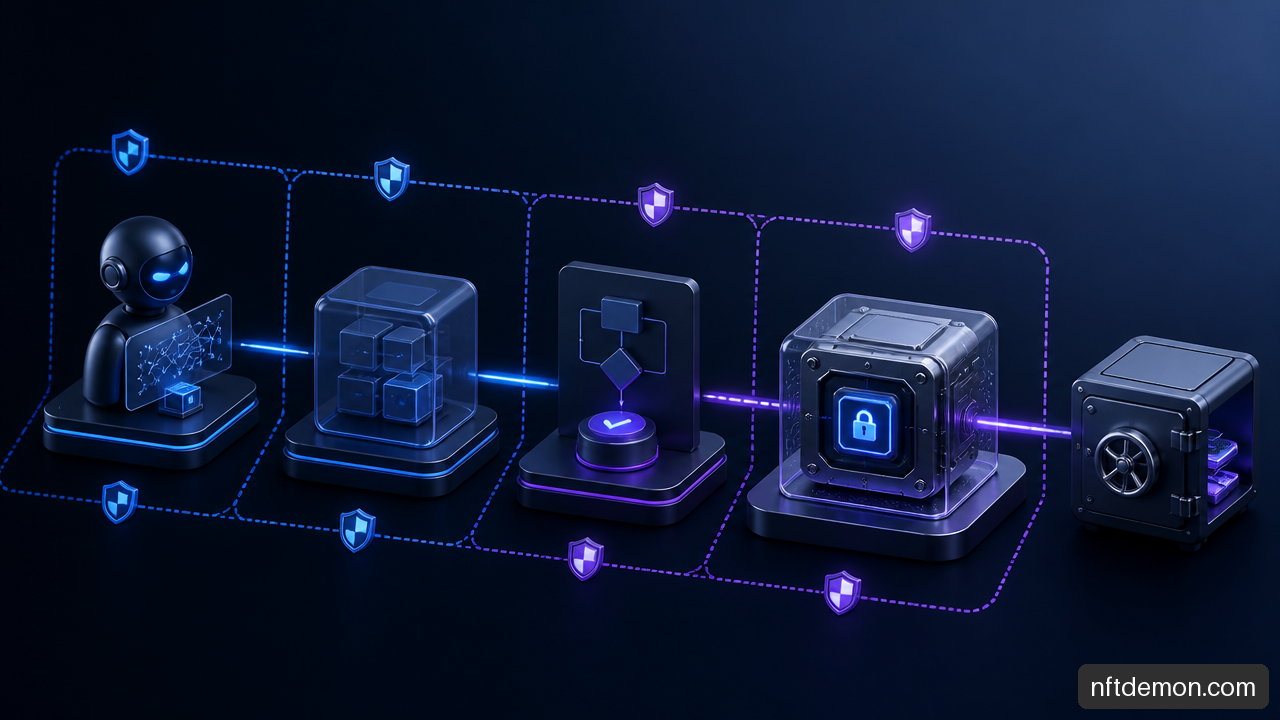 Diagram showing an AI agent requesting a signature from an isolated key vault without accessing the private key.