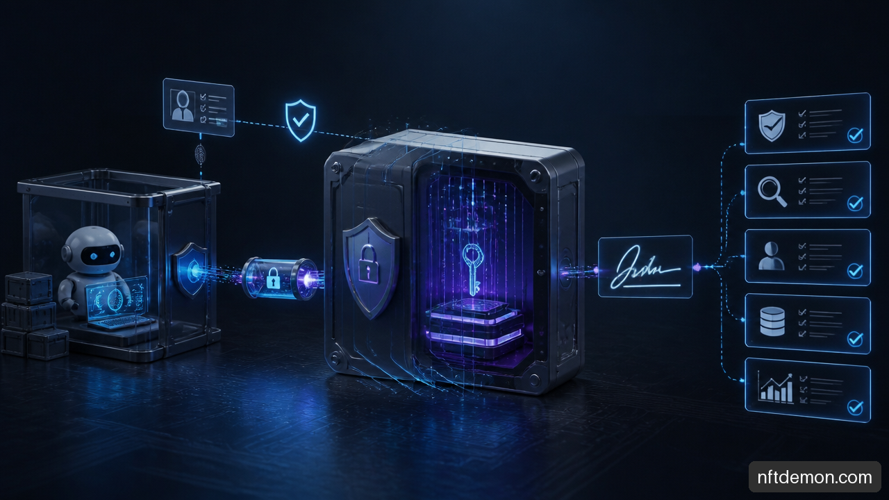 Illustration of attestation-bound enclave signing that keeps private key material isolated from an AI agent runtime.
