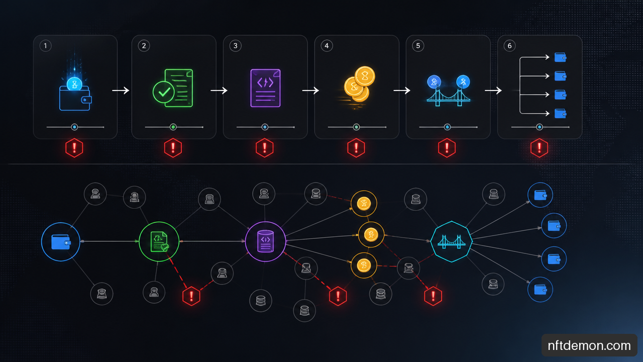 Diagram showing a suspicious Web3 transaction sequence from wallet funding through approval, asset transfer, bridge hop, and fragmented transfers.