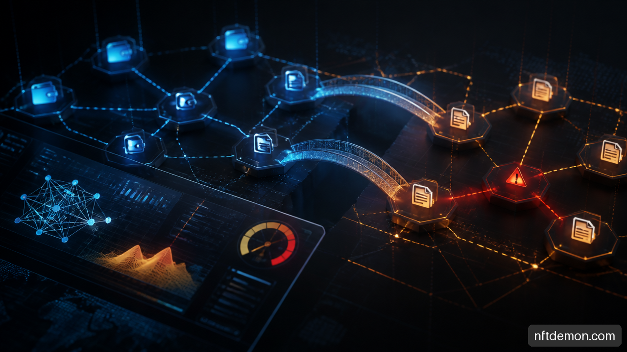 Machine learning system analyzing suspicious wallet, smart contract, and bridge transaction connections across Web3 networks.