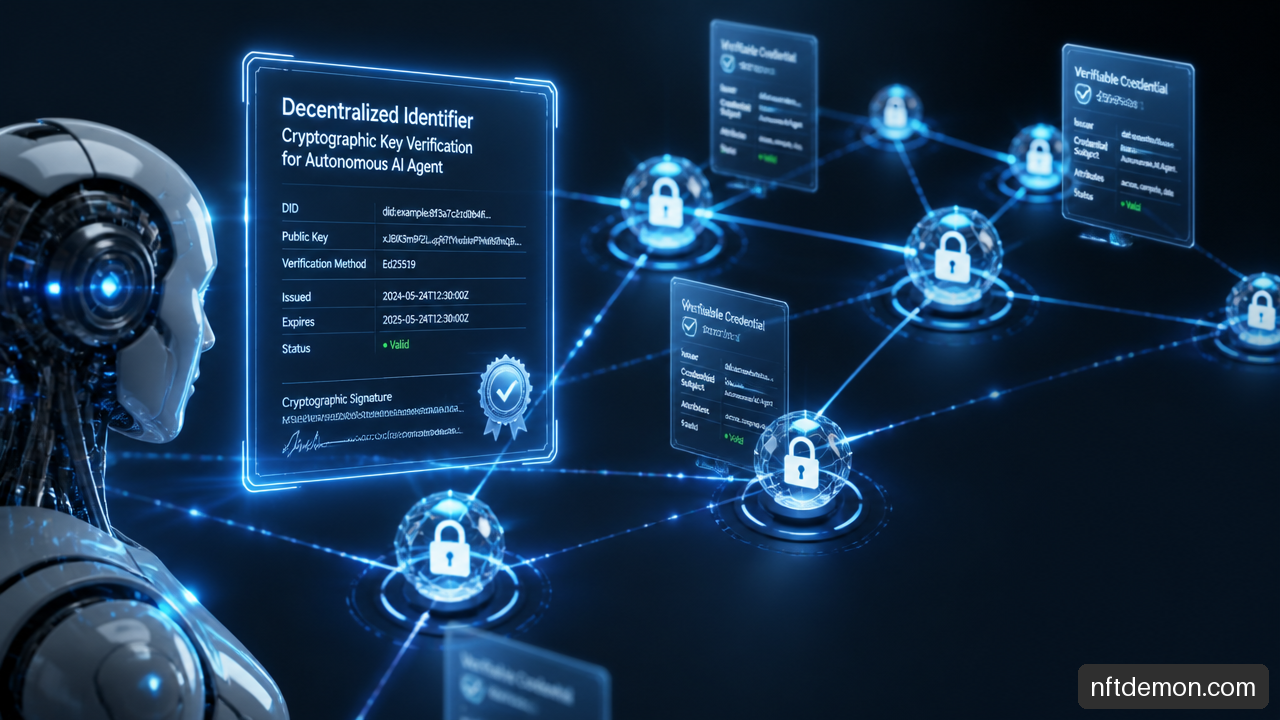 Cryptographic nodes and digital certificate tokens illustrating verifiable credentials and decentralized identifiers for AI agent authentication.