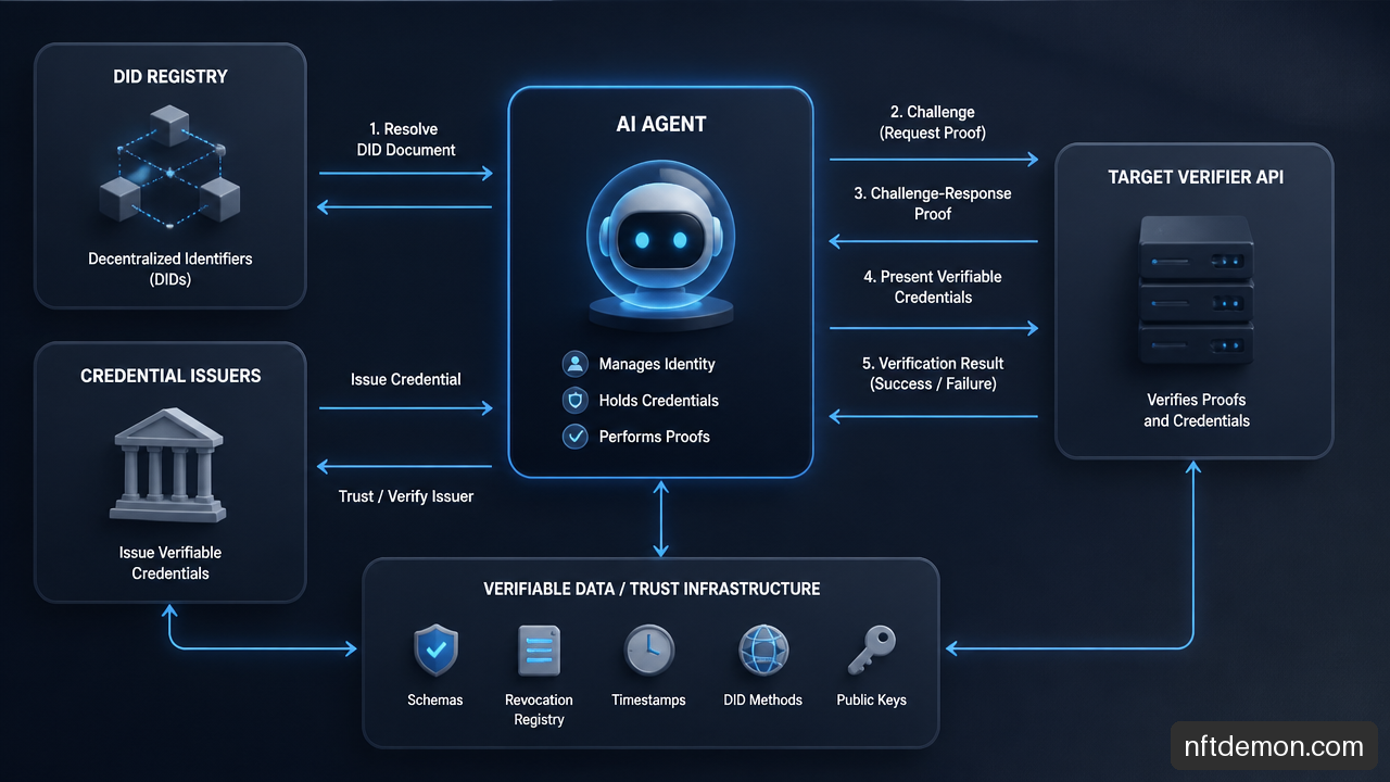 System architecture flow illustrating challenge response authentication and verifiable presentation validation between an AI agent and verifier.