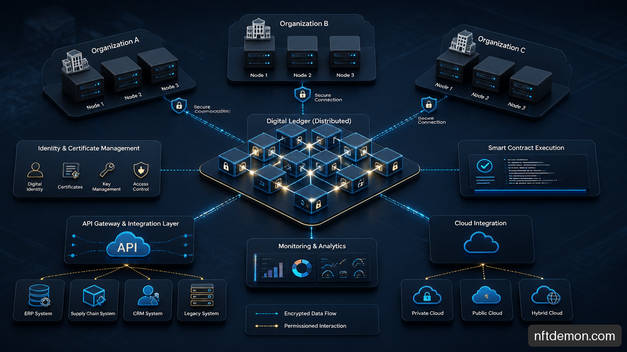 Isometric enterprise blockchain architecture showing nodes, identity controls, smart contracts, integrations, and monitoring.