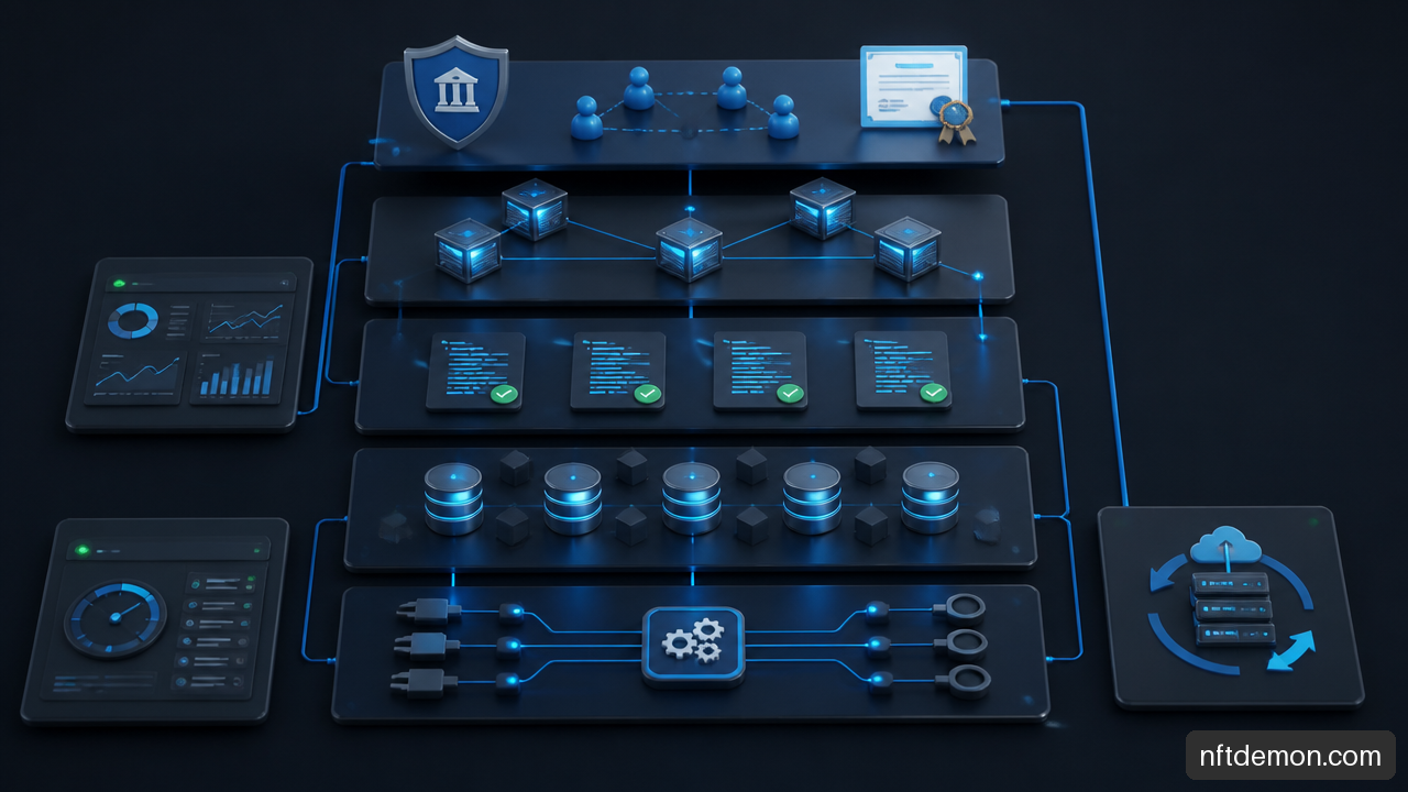Technical infographic of enterprise blockchain layers for governance, security, integration, monitoring, and recovery.