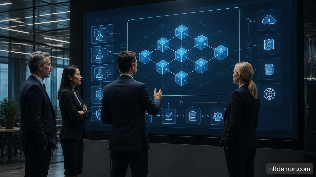 Enterprise technology leaders reviewing a blockchain architecture and governance plan.