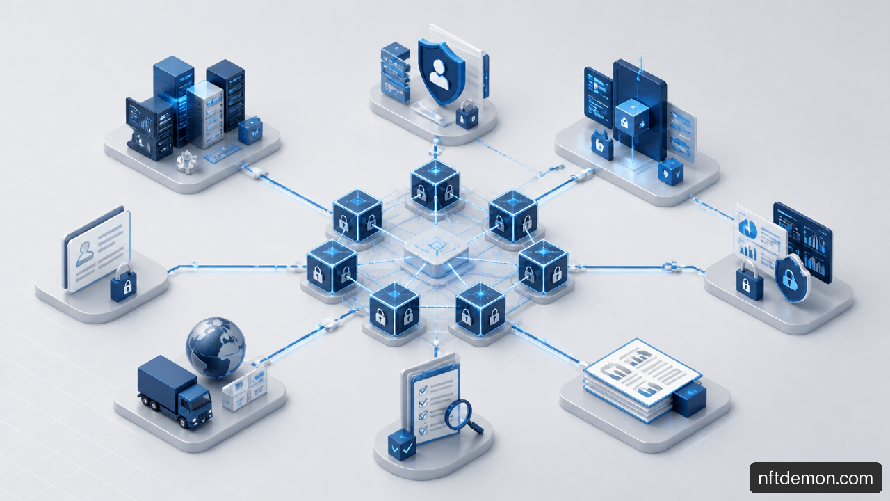 Illustration of a permissioned blockchain integrated with ERP, identity, APIs, security monitoring, and audit systems.