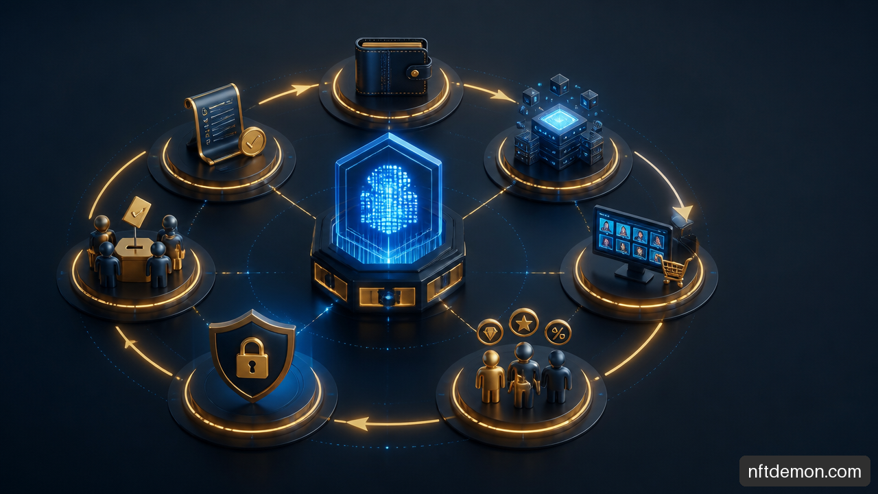 NFT lifecycle diagram showing wallets, metadata, marketplaces, utility, and security controls