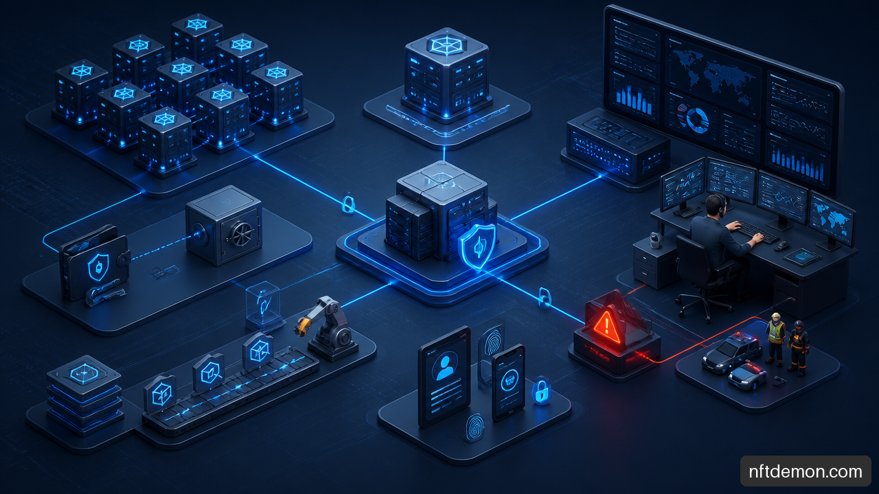Diagram of blockchain nodes, HSM backed signing, identity controls, and centralized monitoring for production operations.