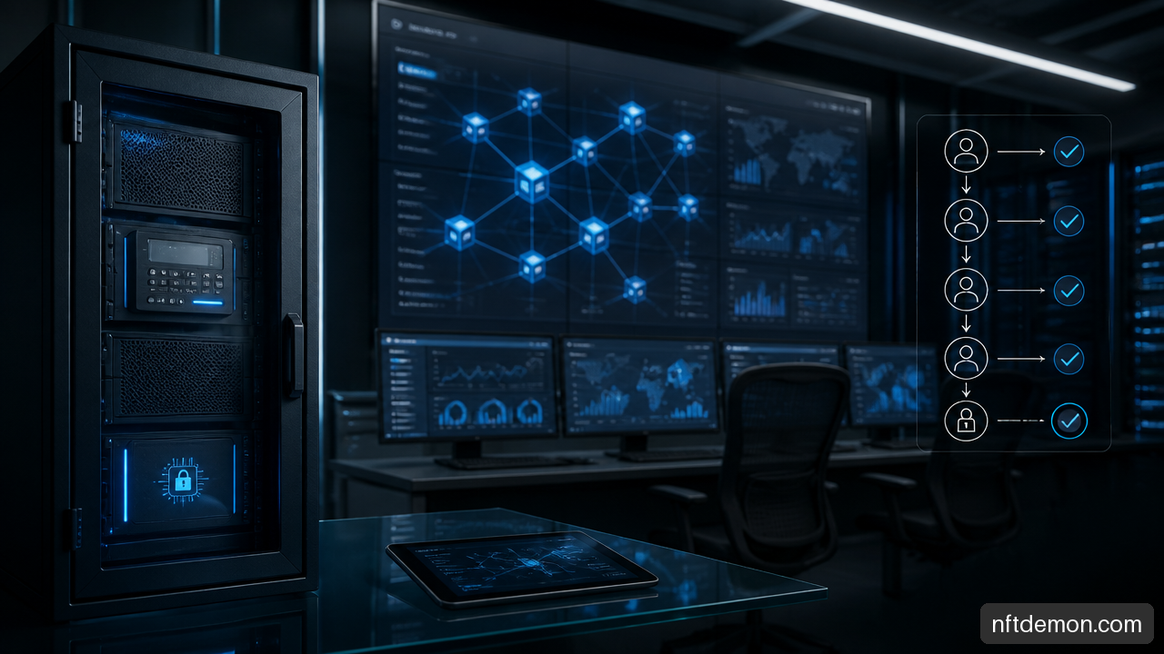 Enterprise blockchain operations control room showing node monitoring, secure key custody, and approval workflows.