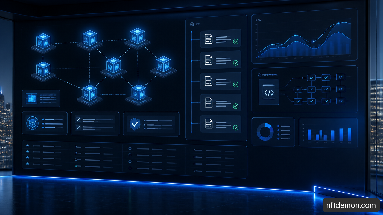 Blockchain proof of concept dashboard showing transaction evidence, network nodes, audit logs, and performance metrics