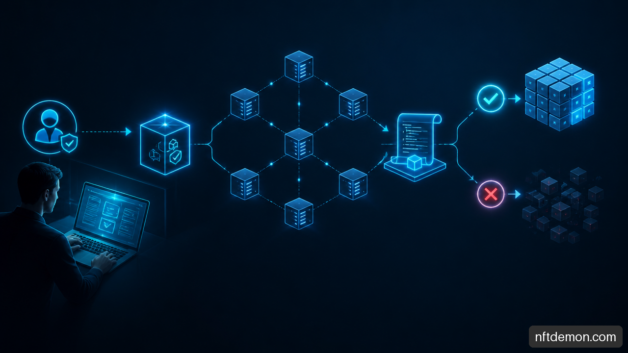 Diagram showing authorized blockchain transaction validation, smart contract execution, and rejected invalid transaction