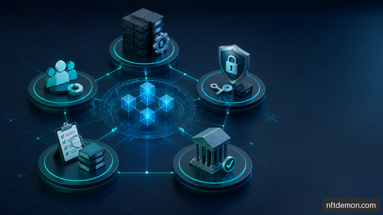 Visual model showing shared ownership of blockchain operations, security, compliance, governance, and business outcomes.