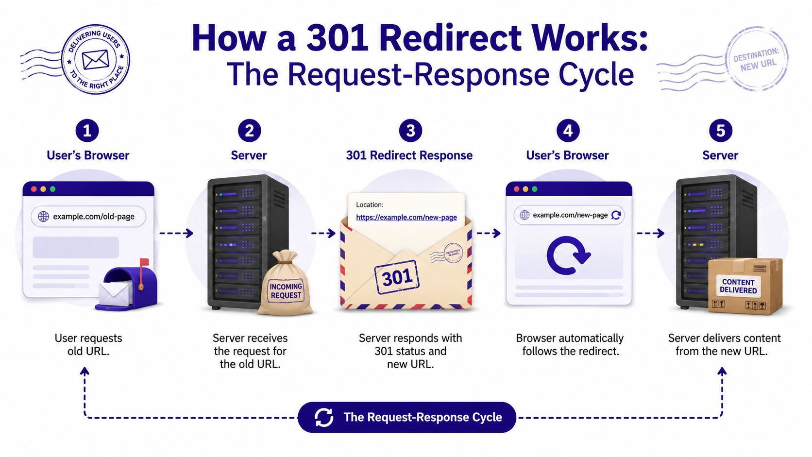 A diagram illustrating the step-by-step request and response process of how a 301 redirect works on the web.