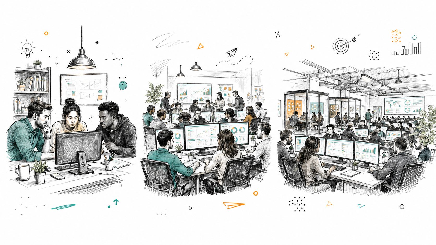 A triptych of sketch-style illustrations showing office workers collaborating on data analytics and marketing software projects.