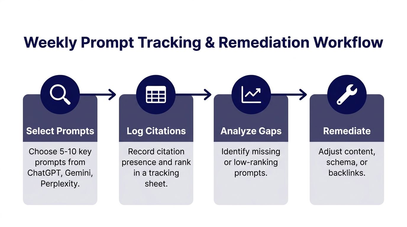 A four-step infographic illustrating a weekly workflow for tracking and remediating AI search engine citations.