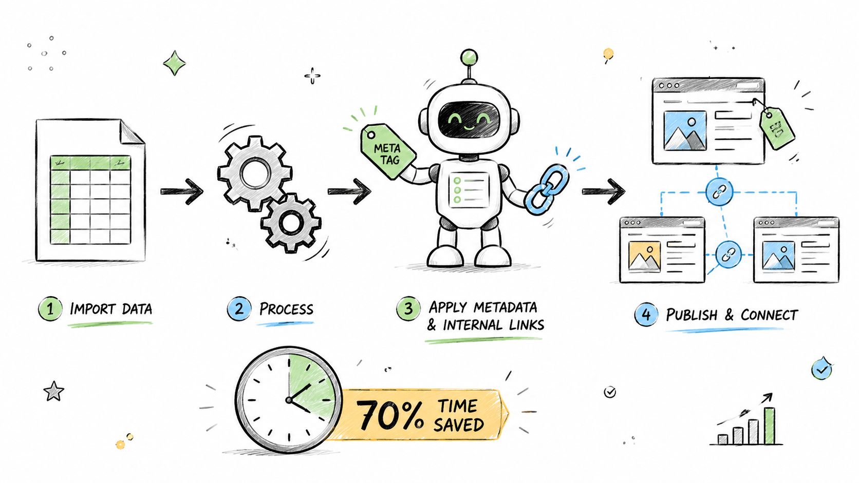 A diagram illustrating a four-step automated AI SEO workflow process, starting from data import to final publishing.