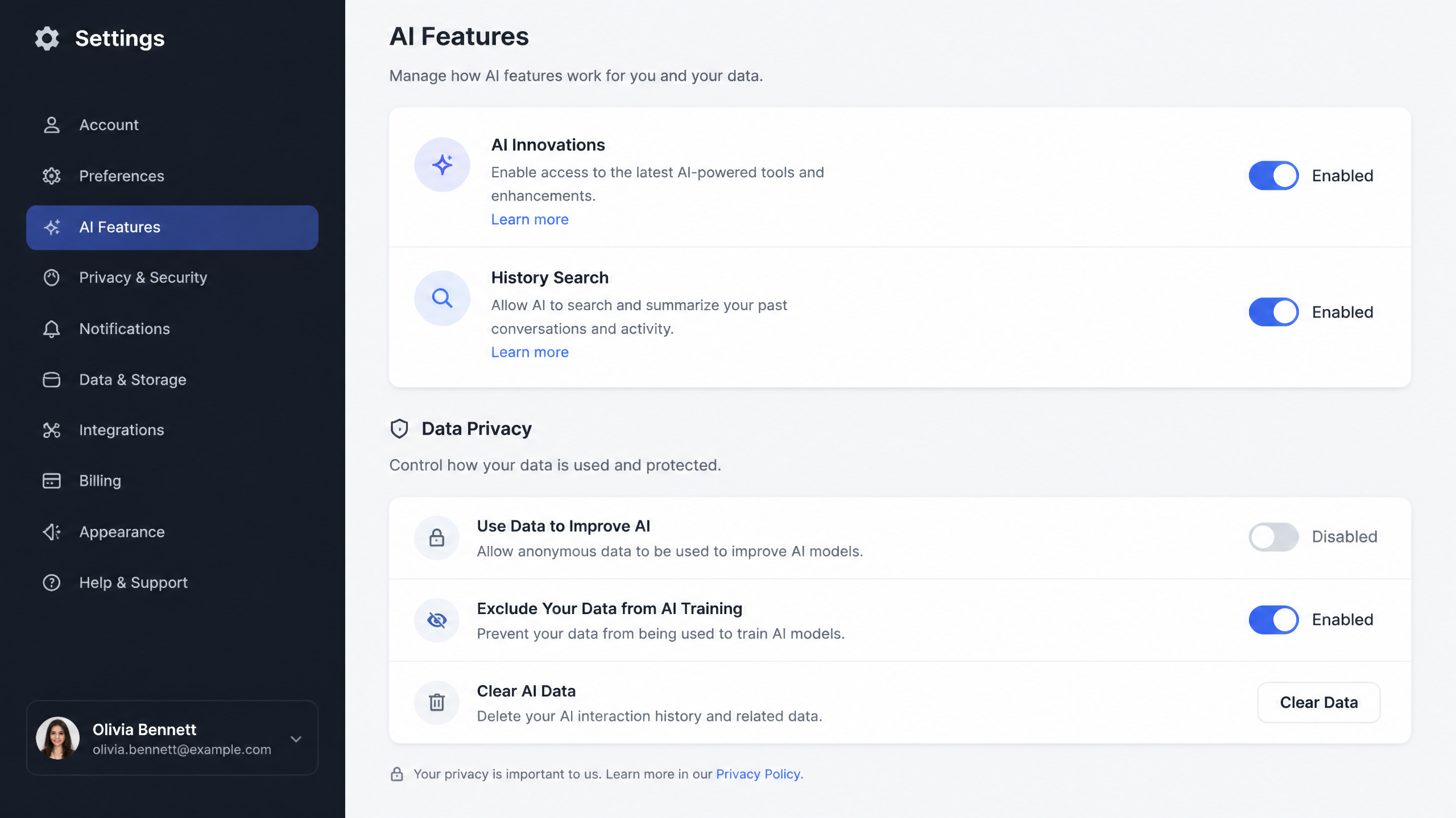 Sleek user interface mockup showing AI history toggle and privacy settings