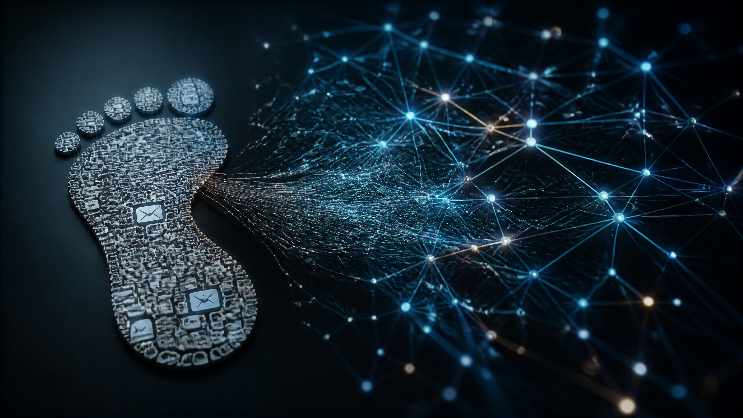 Conceptual illustration showing a digital footprint morphing into a complex AI neural network mesh