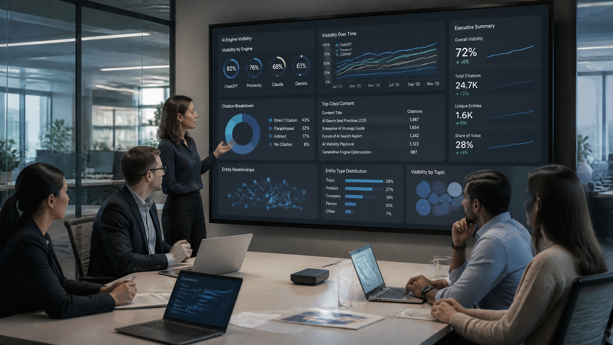 Enterprise marketing team reviewing AI search visibility analytics on a large dashboard