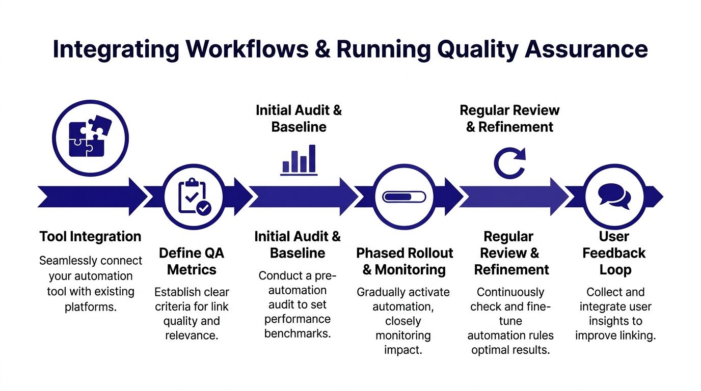 A process diagram showing the steps for integrating workflows and running quality assurance for internal linking.
