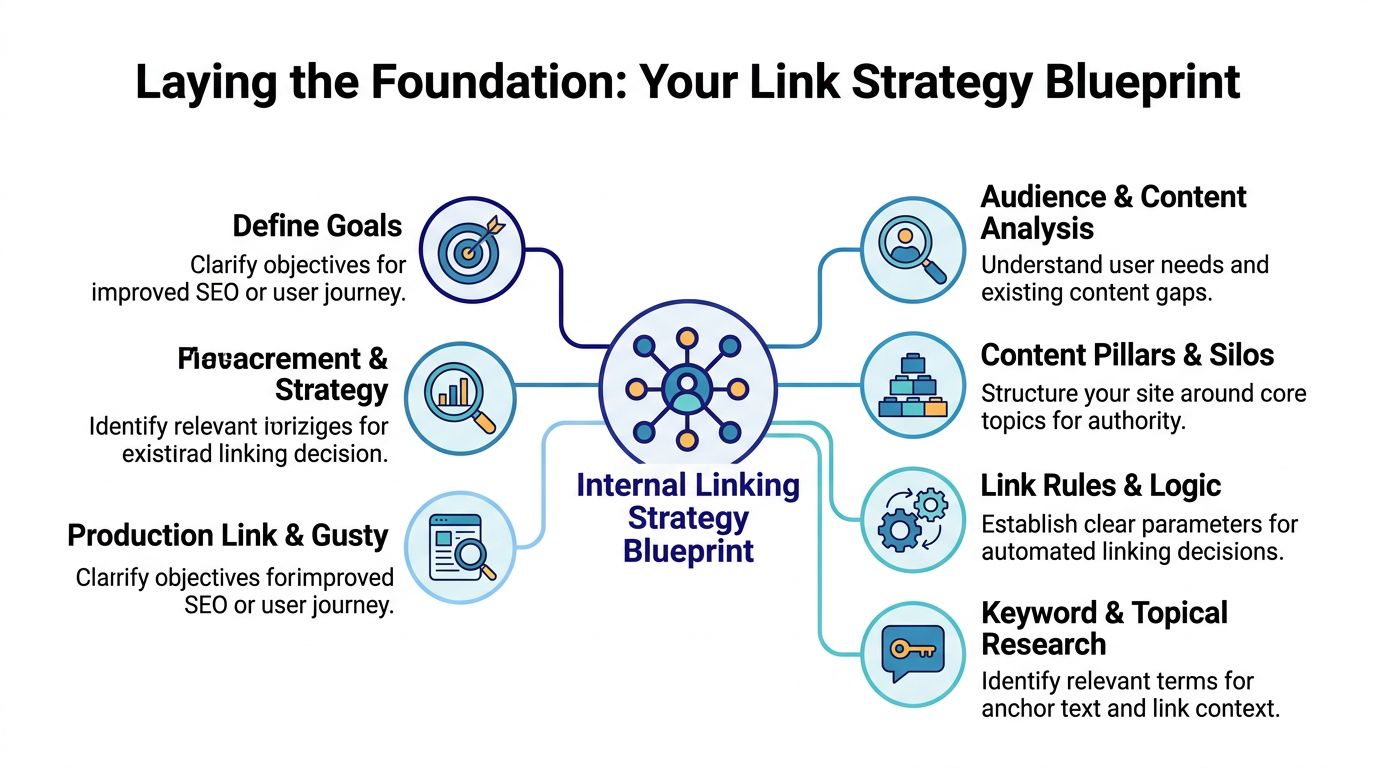 A diagram outlining a strategic blueprint for building an effective internal linking structure for website SEO.