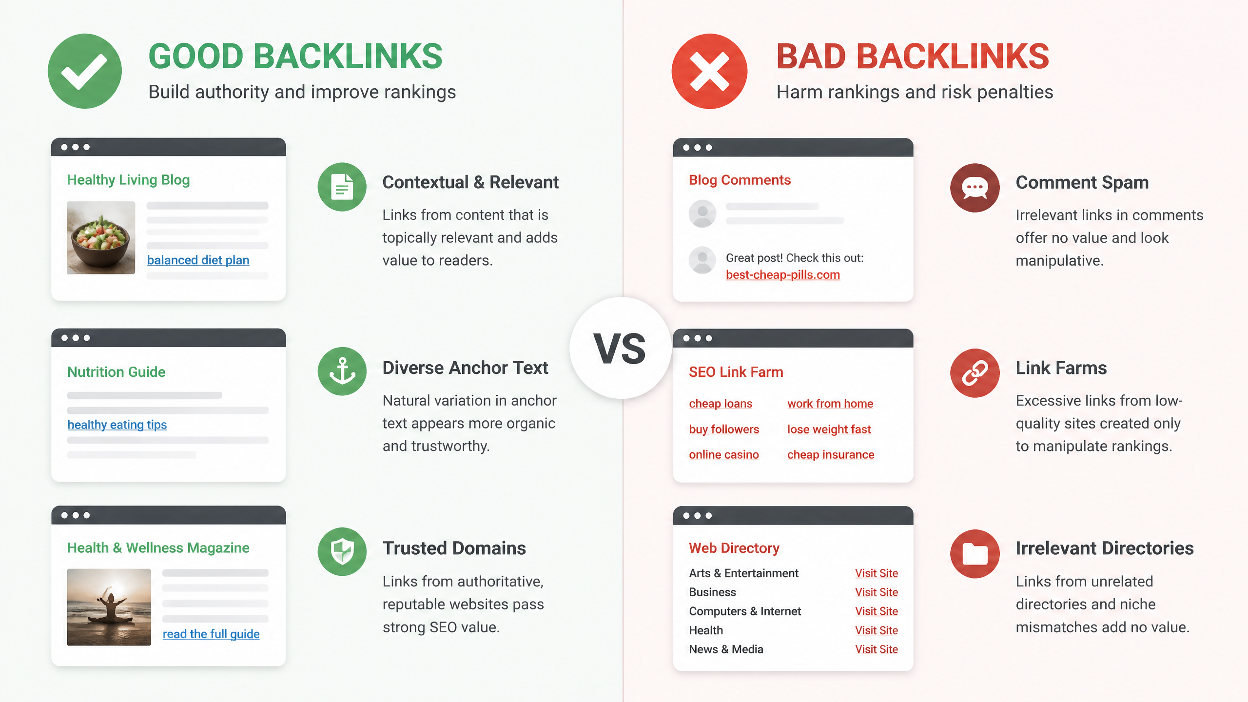 Visual comparison of high-quality contextual backlinks and low-quality spammy backlinks in SEO