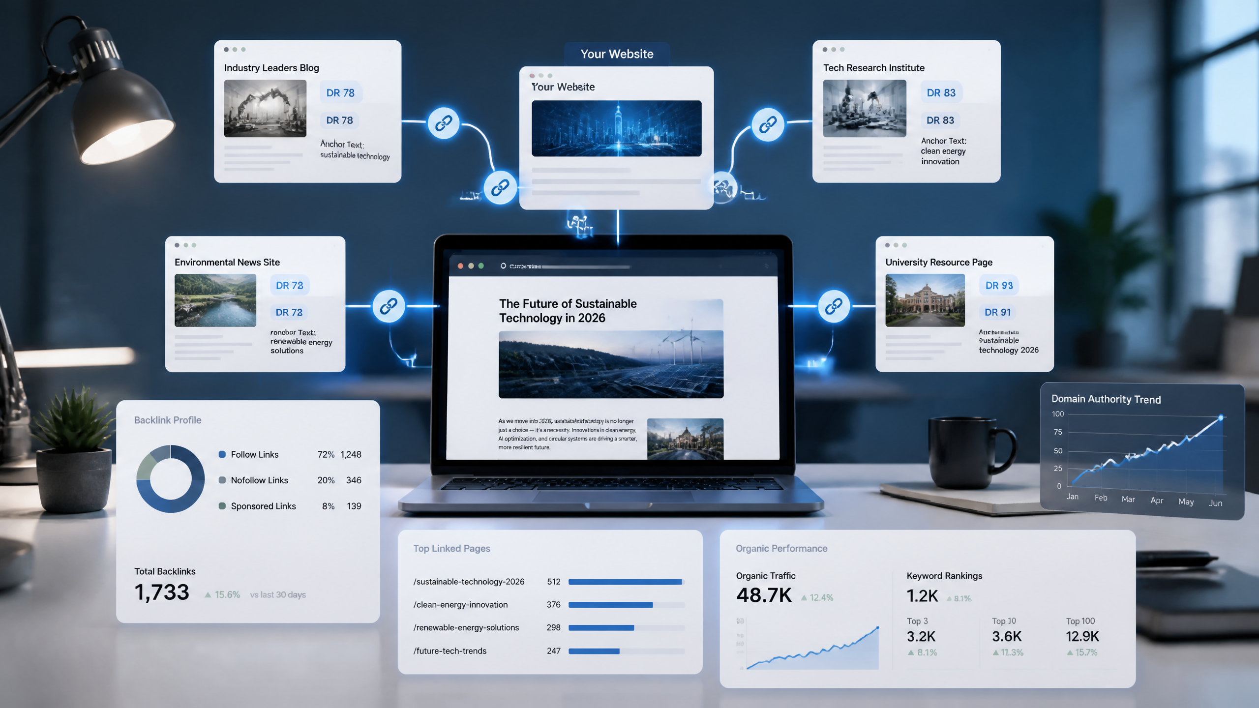 Illustration of a website gaining authoritative backlinks from relevant domains to improve SEO rankings