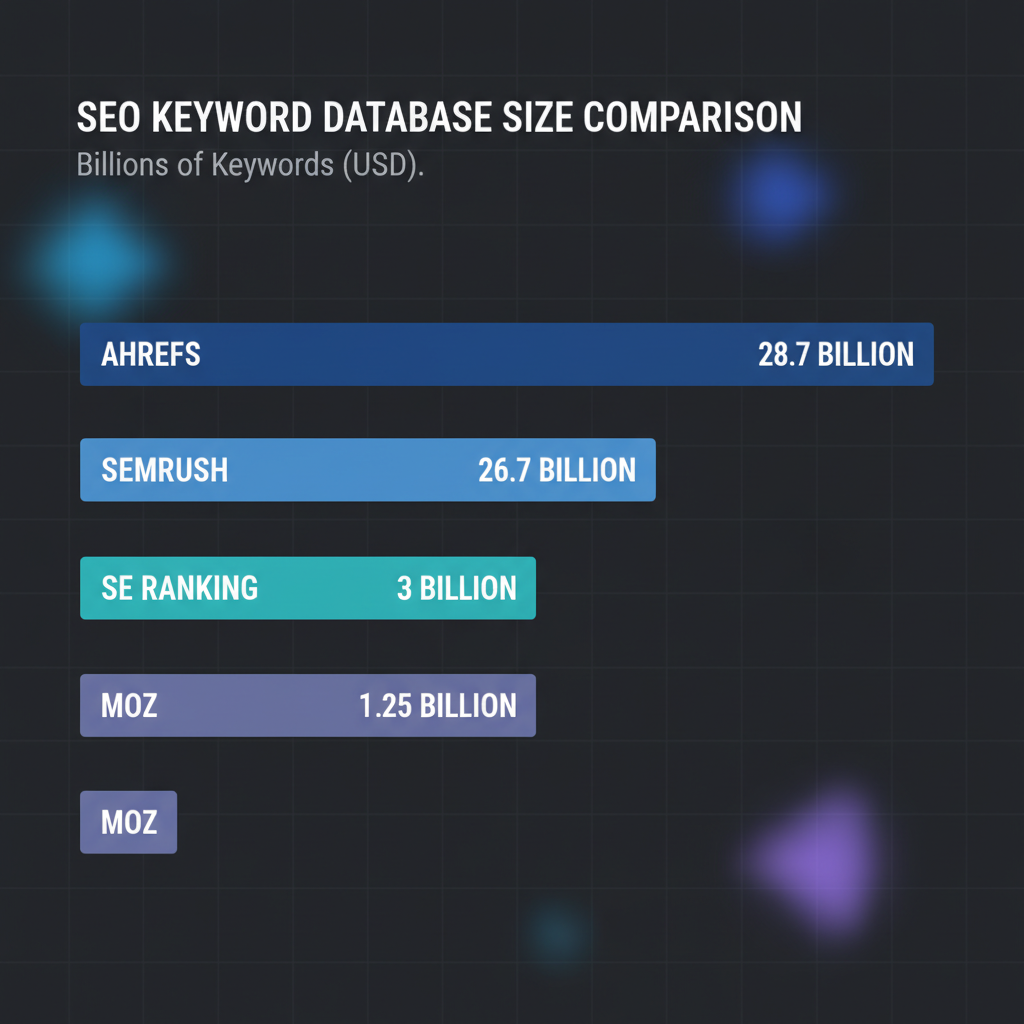 Bar chart comparing keyword database sizes of Ahrefs, Semrush, SE Ranking, and Moz