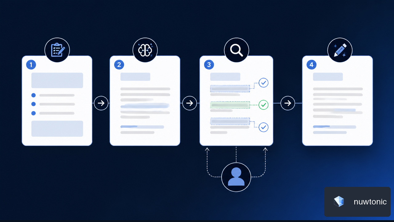 Four-stage workflow for drafting, verifying, revising, and approving AI-generated writing.