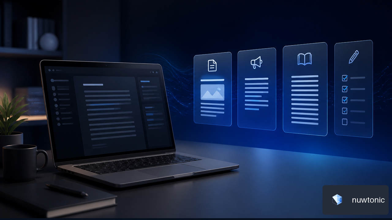 Laptop workspace showing AI writing tasks for articles, marketing copy, fiction, and editing.
