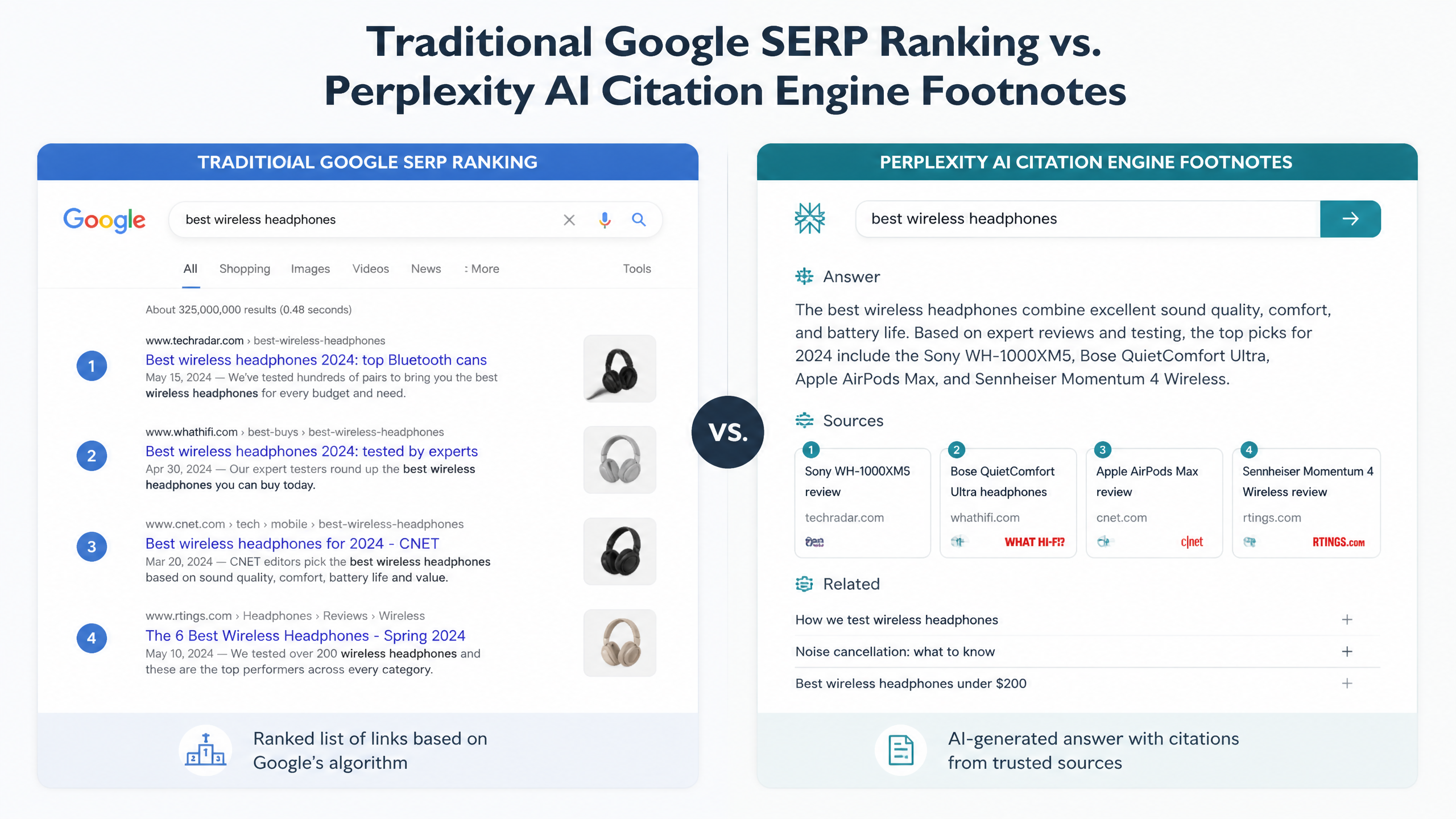 Comparison chart illustrating traditional SERP rank vs Perplexity AI citation tracking.