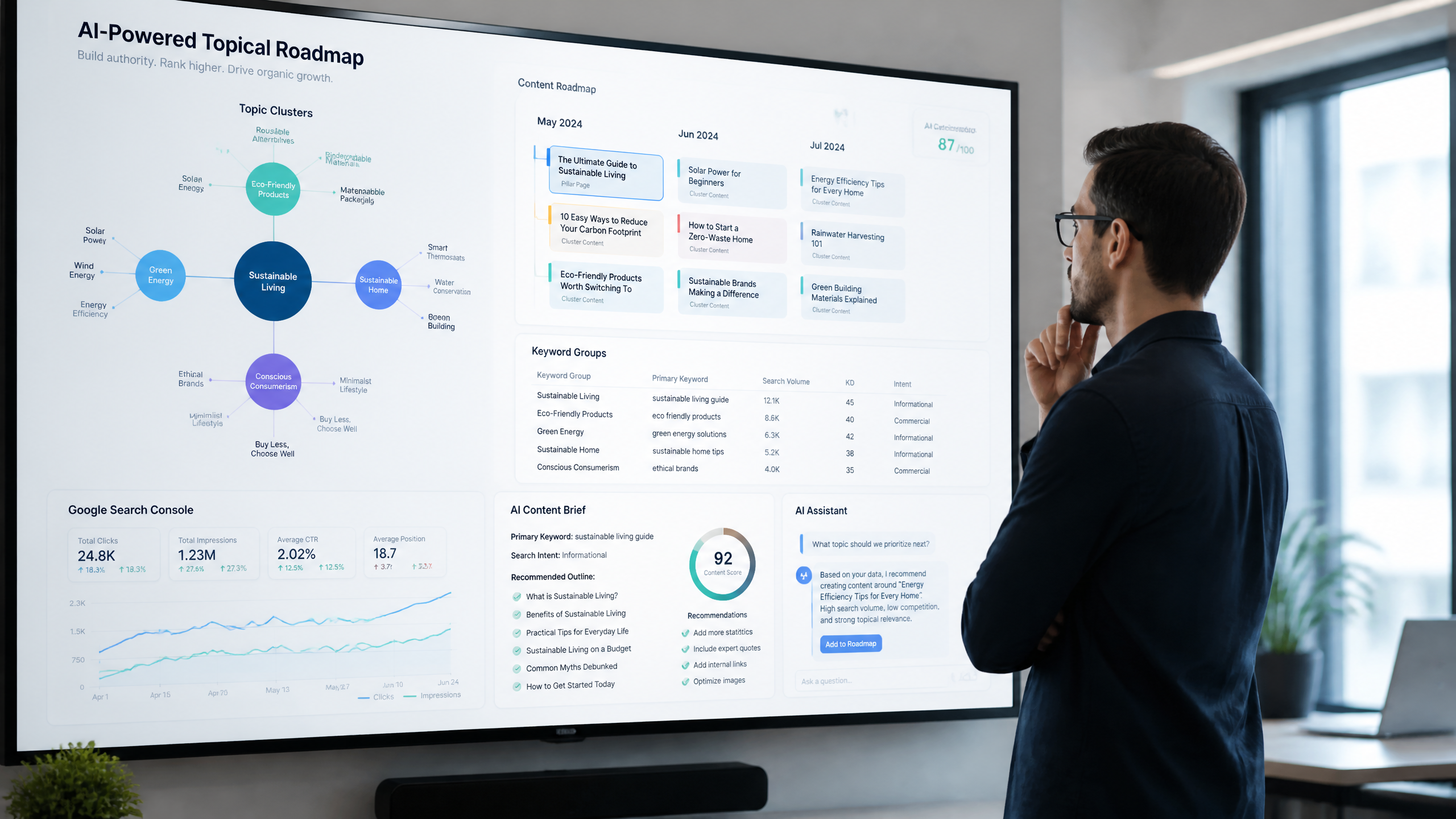 Digital marketing strategist reviewing an AI-generated topical roadmap with SEO data visualizations