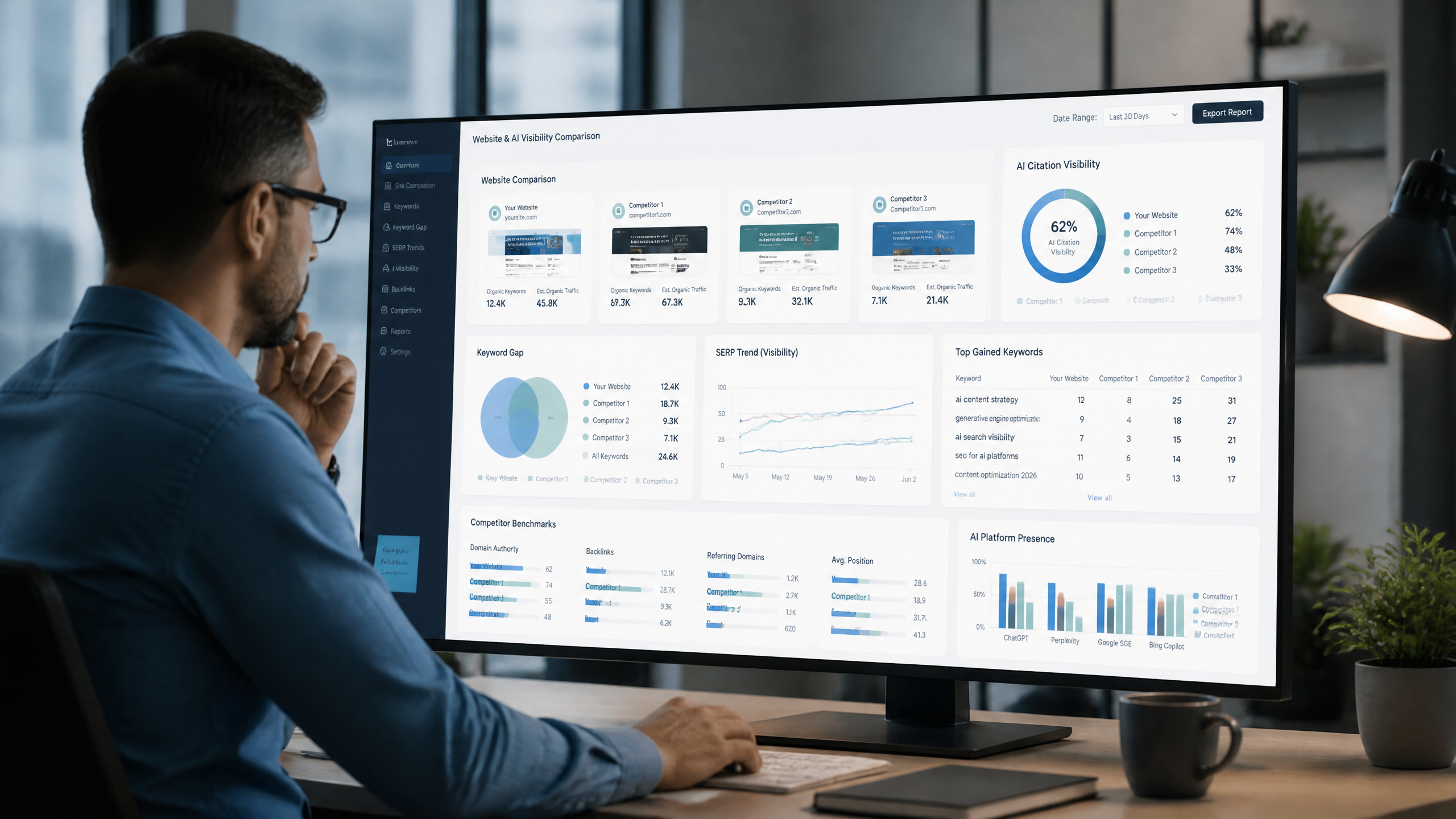 AI dashboard comparing a website with competitors using SEO and citation visibility metrics