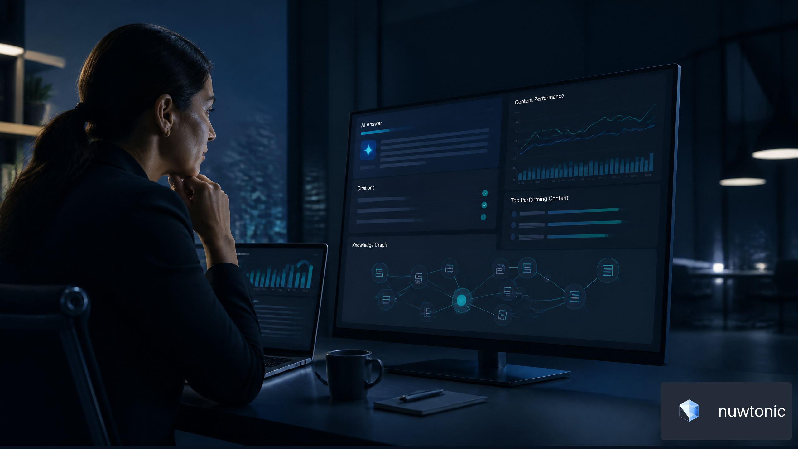 B2B marketer reviewing AI search citations, content metrics, and brand entity connections on a dashboard.