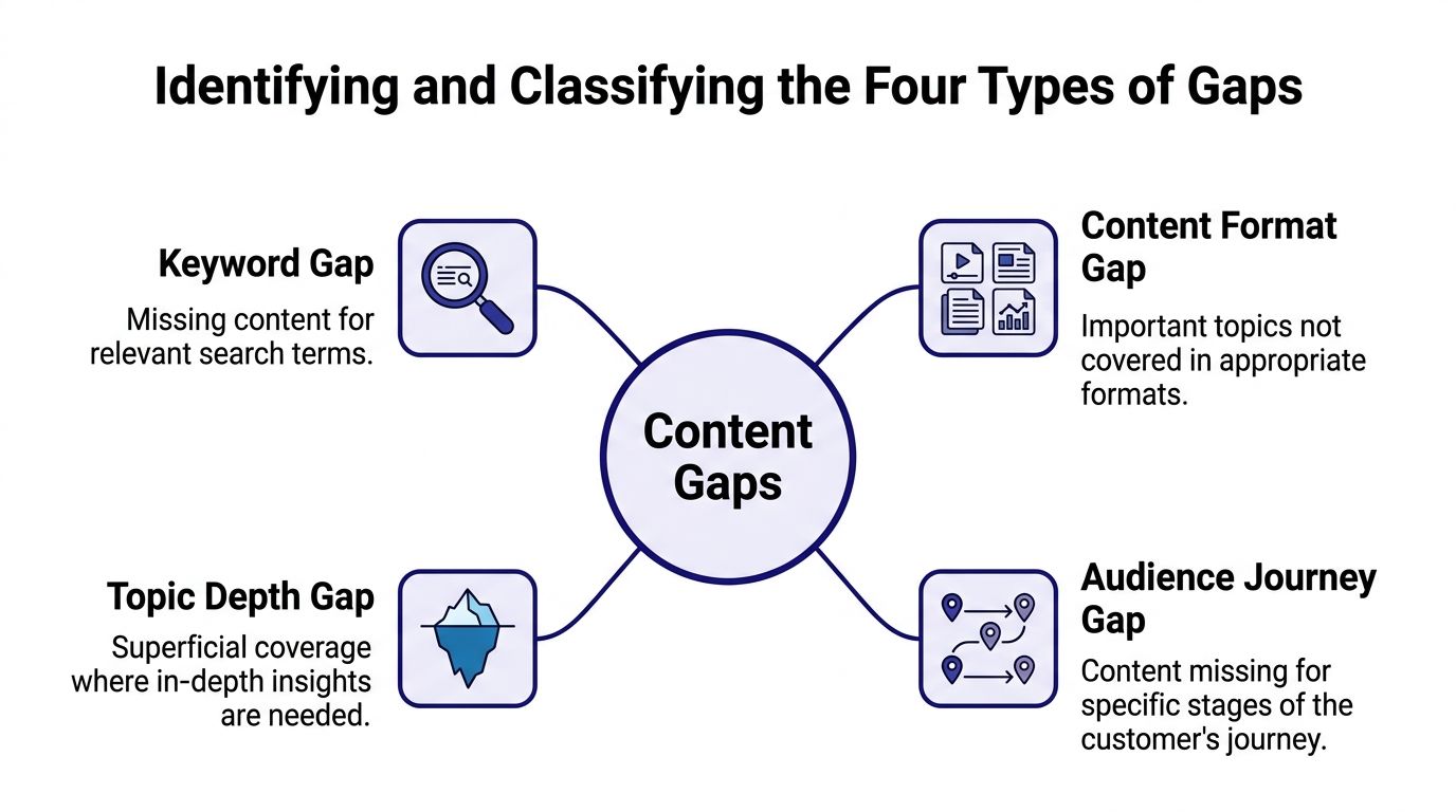 A diagram illustrating four types of content gaps: Keyword, Topic Depth, Content Format, and Audience Journey.