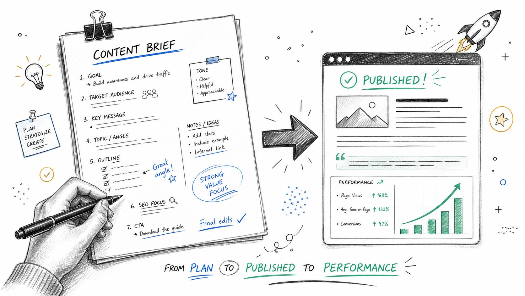 A hand filling out a content brief on a notepad that turns into a published web page.