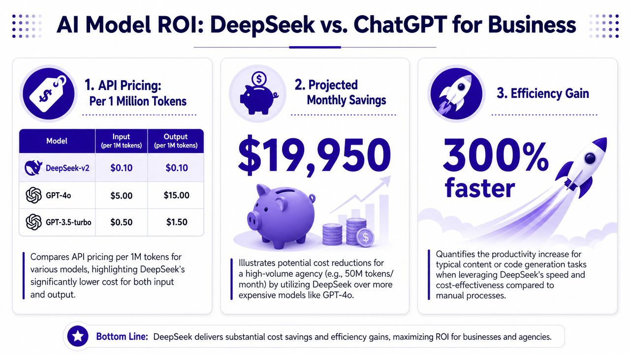 A business comparison infographic showing cost savings and efficiency gains of DeepSeek-v2 compared to GPT-4o and GPT-3.5-turbo.