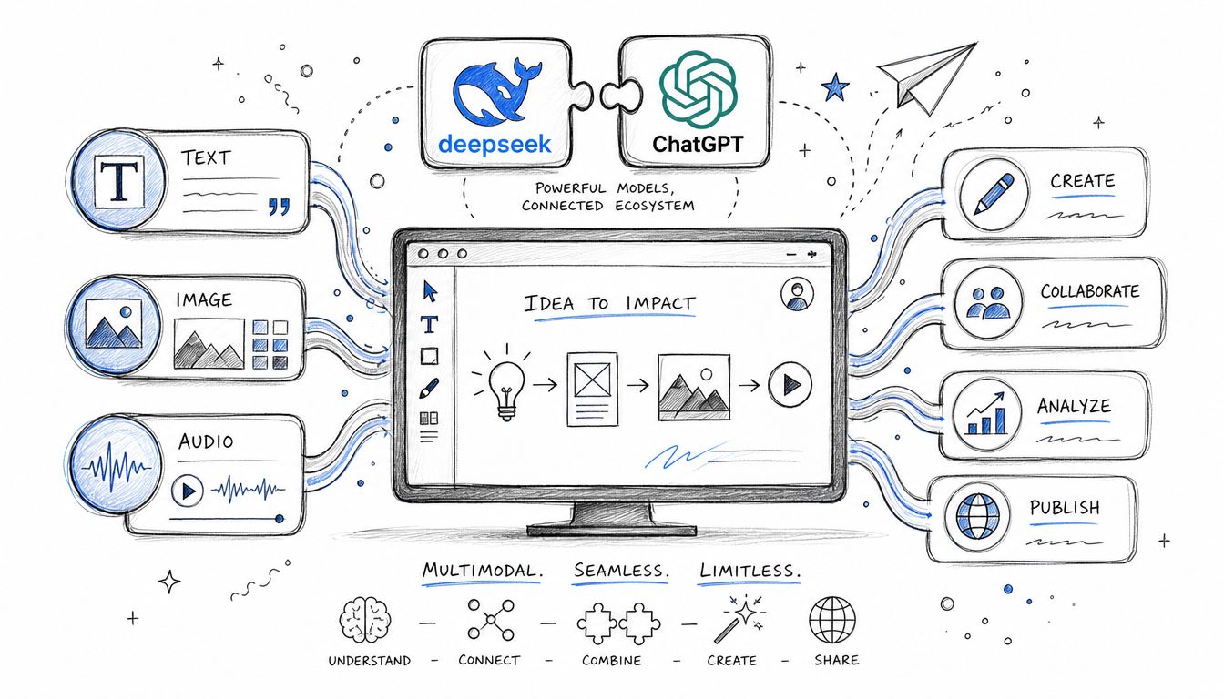 A hand-drawn infographic depicting an AI ecosystem connecting DeepSeek and ChatGPT to multimodal input and output workflows.