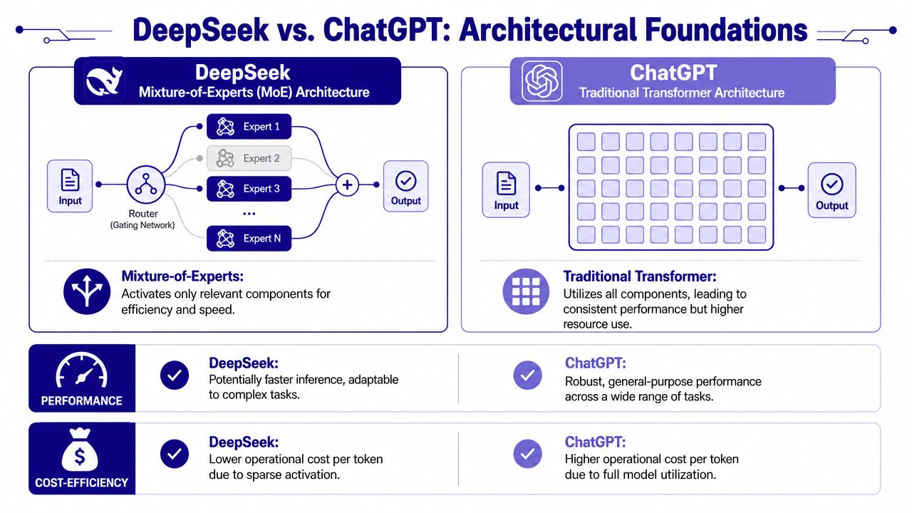 A comparison infographic showing DeepSeek's Mixture-of-Experts architecture versus ChatGPT's traditional Transformer architecture and their performance differences.