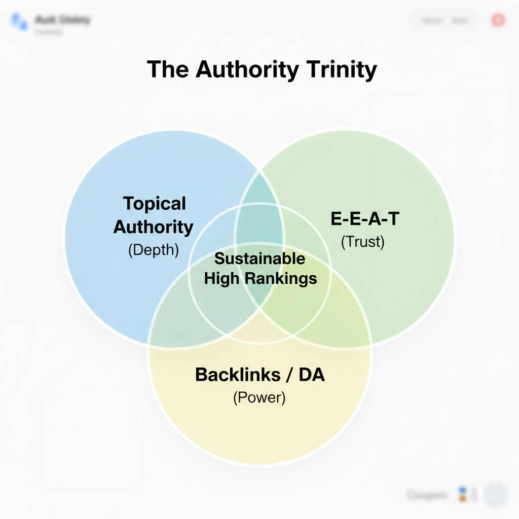Venn diagram showing the intersection of Topical Authority, E-E-A-T, and Domain Authority for SEO success