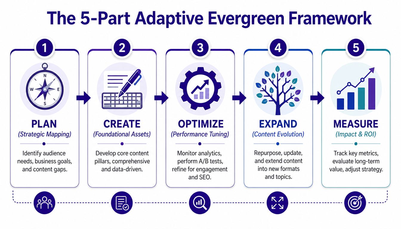 A five-step framework for adaptive evergreen content strategy including planning, creating, optimizing, expanding, and measuring performance.