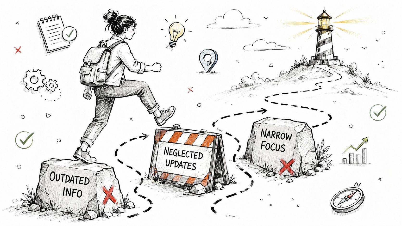 A person navigating obstacles like outdated information and narrow focus toward a guiding lighthouse success path.