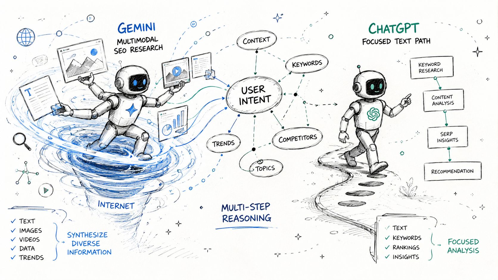 A hand-drawn illustration comparing Gemini's multimodal SEO research capabilities with ChatGPT's focused text-based analysis approach.