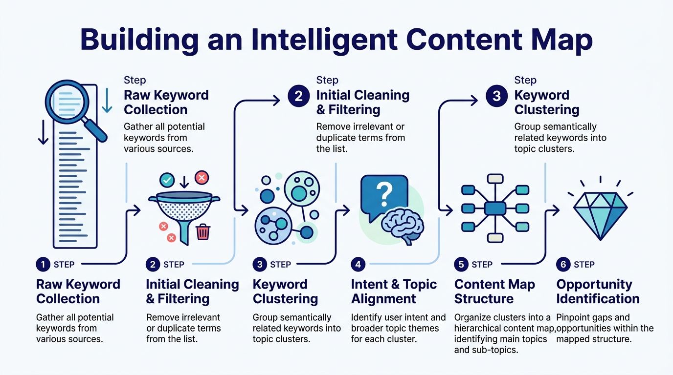 A six-step infographic illustrating the process of building an intelligent content map for SEO strategies.