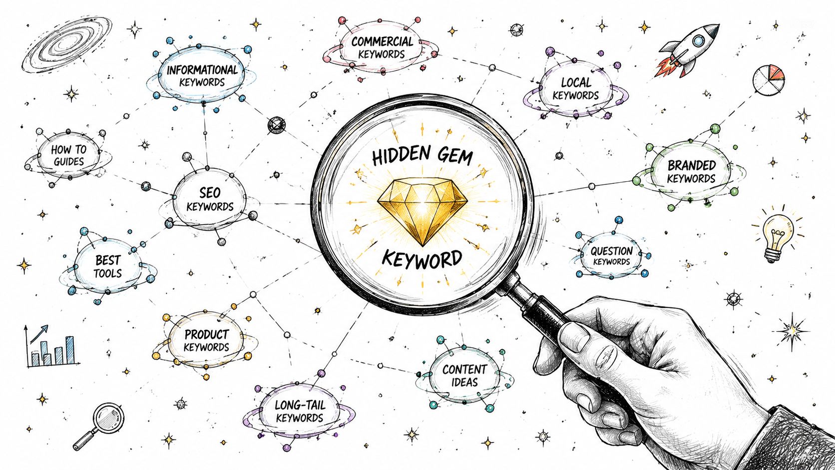 A hand holding a magnifying glass over a diamond representing the concept of finding hidden gem keywords.