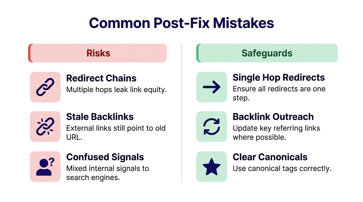 A chart comparing common SEO risks after fixing URL issues with recommended best practice safeguards.