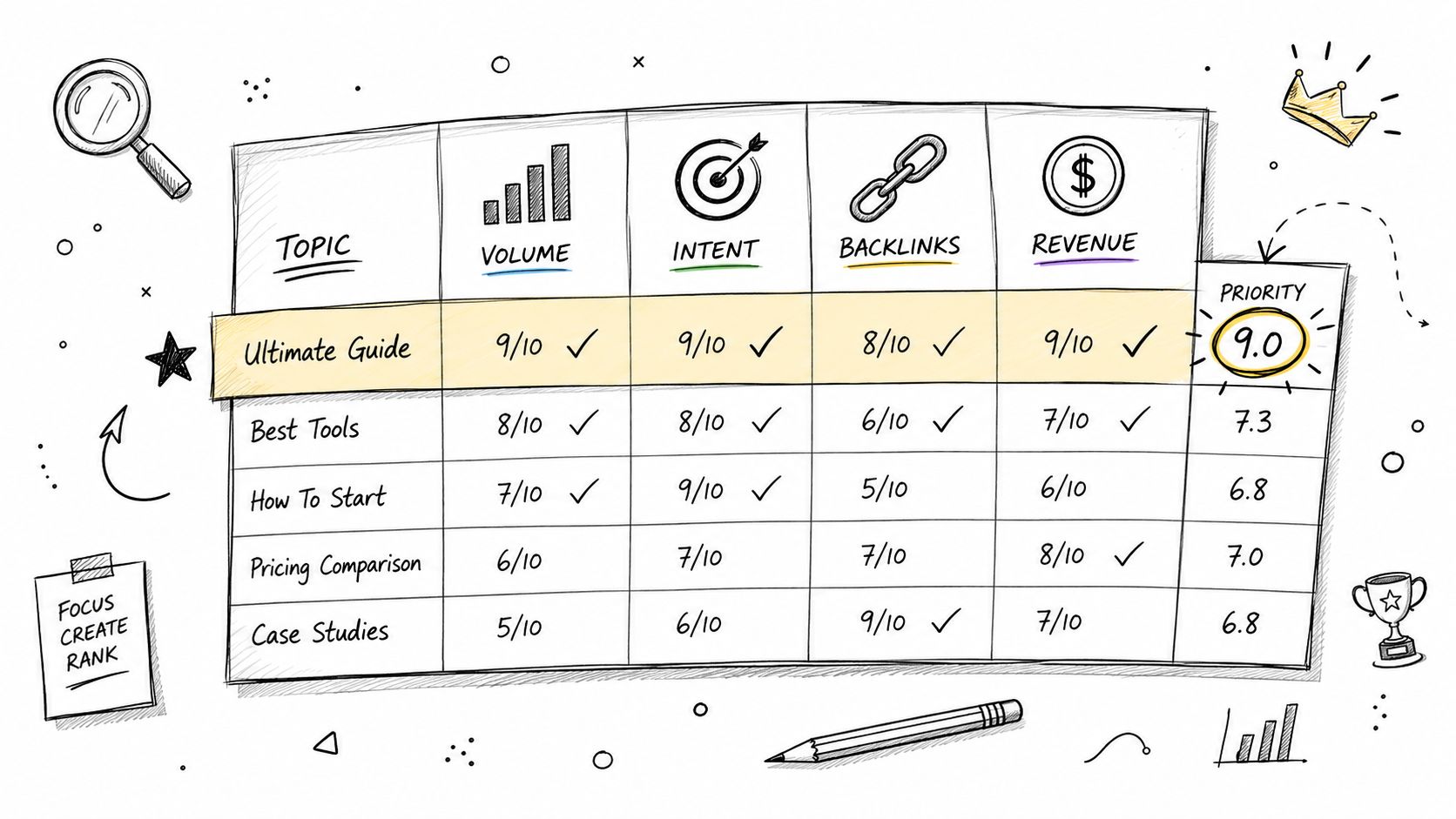 A hand-drawn chart comparing marketing content topics based on volume, intent, backlinks, revenue, and overall priority scores.