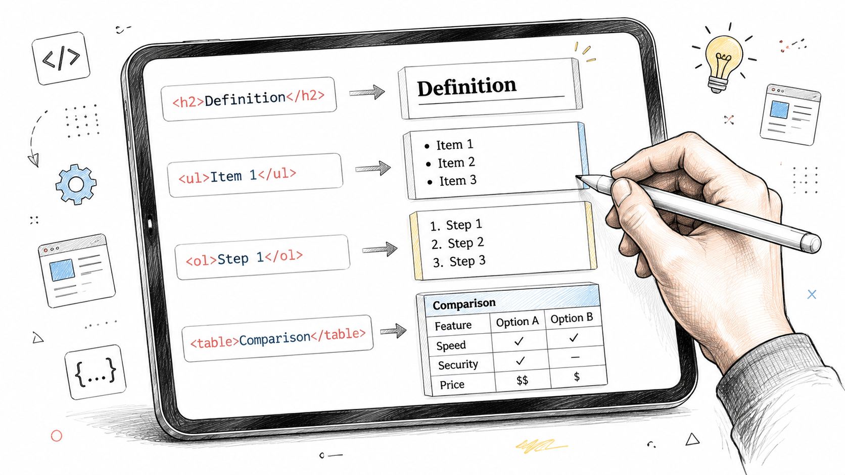 A hand using a digital pen on a tablet to map HTML tags to their visual rendering.