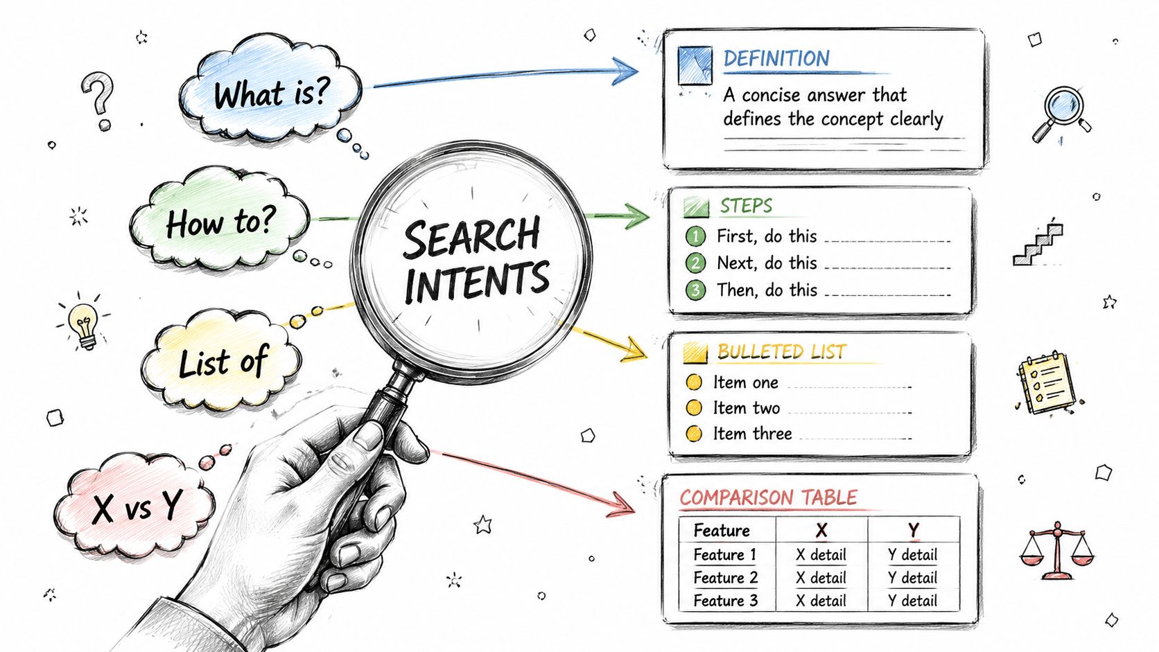A hand holding a magnifying glass over search intents, illustrating formats for achieving featured snippets.
