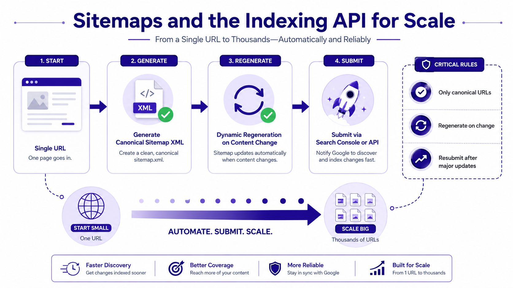A workflow diagram illustrating how to use sitemaps and an indexing API to scale website content discovery.